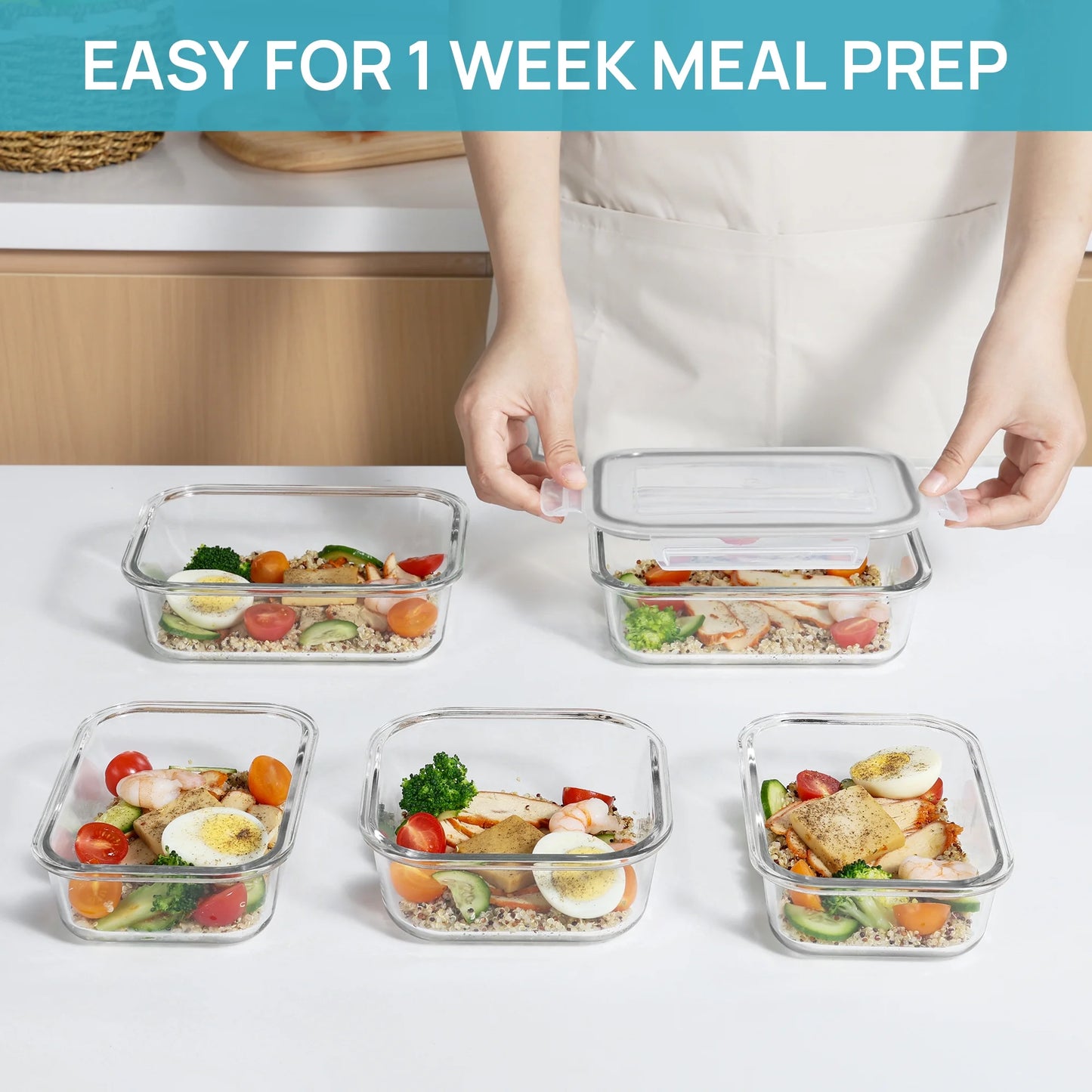 7Pcs Glass Storage Container Set with Lids, Meal Prep Containers, Airtight Bento Boxes, Gray