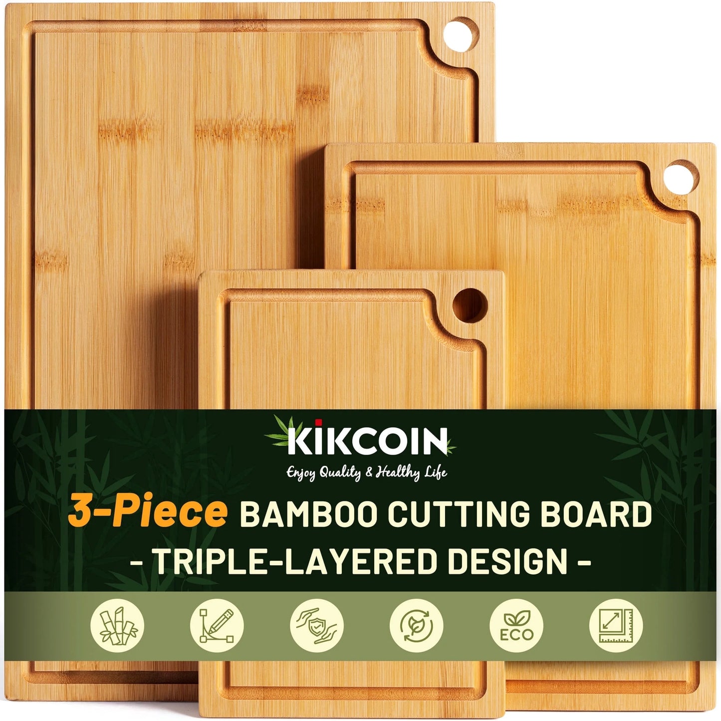 Bamboo Cutting Board, 3 Pcs Cutting Board with 3 Hooks, Wood Chopping Boards for Kitchen, Deep Juice Groove for Vegetables and Meat
