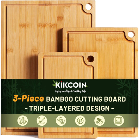 Bamboo Cutting Board, 3 Pcs Cutting Board with 3 Hooks, Wood Chopping Boards for Kitchen, Deep Juice Groove for Vegetables and Meat