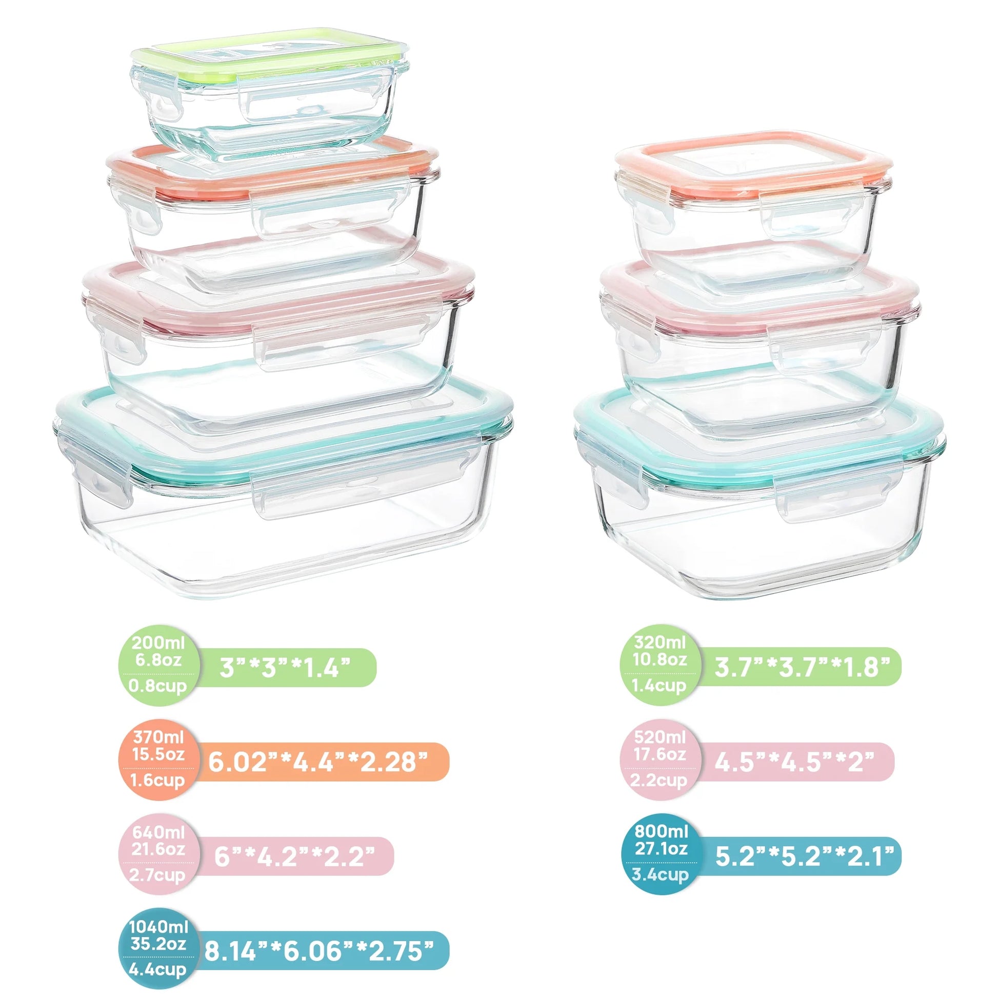 7 Pack Glass Food Storage Containers, Meal Prep, Airtight Bento Boxes with Leak Proof Locking Lids,Colorful