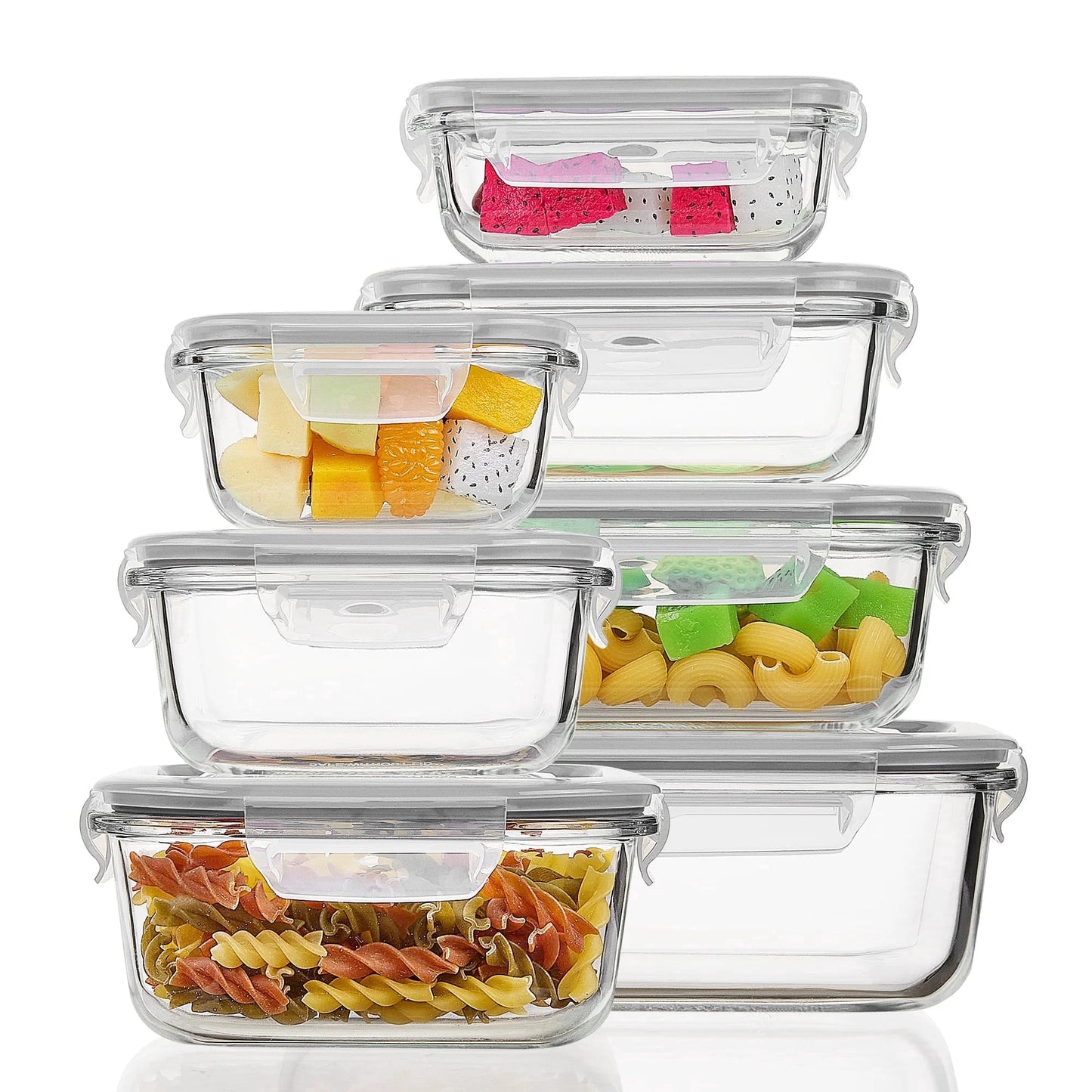 7Pcs Glass Storage Container Set with Lids,  Meal Prep Containers, Airtight Bento Boxes, Gray