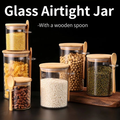 280Ml Airtight Glass Jars with Bamboo Lids and Spoons 18Oz Transparent Glass Bulk Food Storage Jar for Spices, Beans, Tea