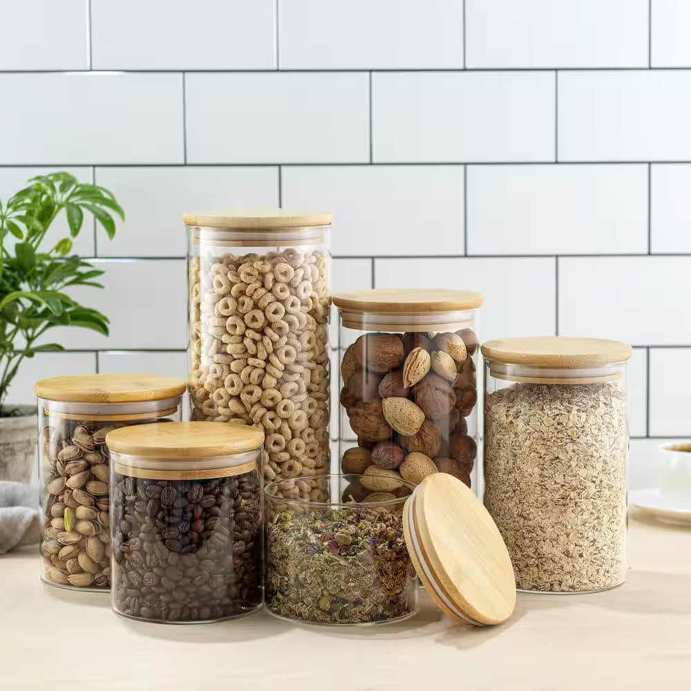 Joyful 6-Piece Kitchen Storage Jars with Airtight Bamboo Clamp Lids