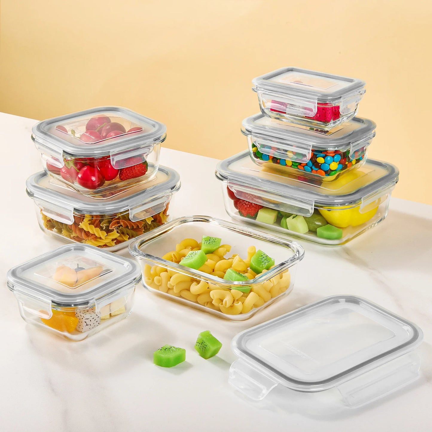 7Pcs Glass Storage Container Set with Lids,  Meal Prep Containers, Airtight Bento Boxes, Gray