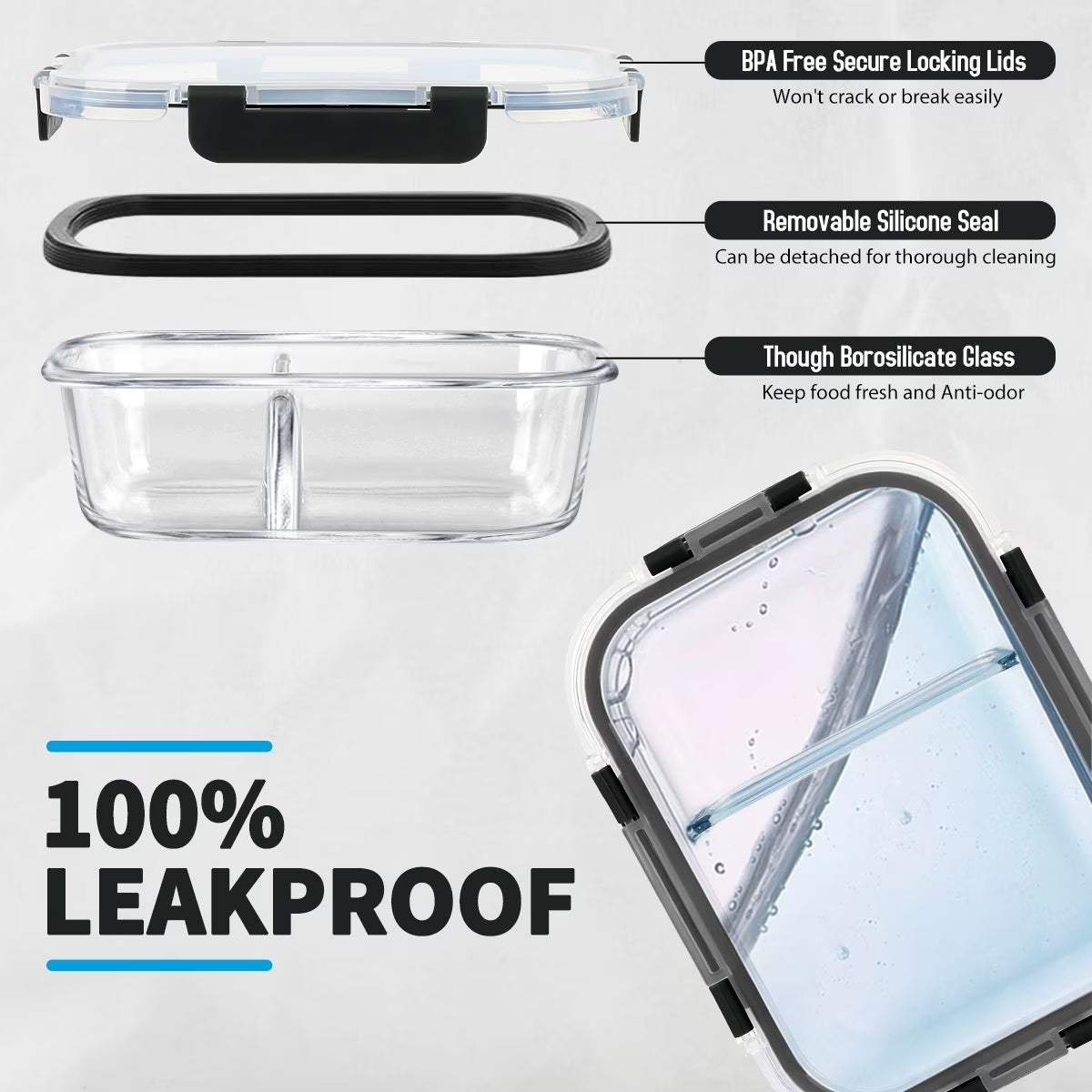 42 Pcs Glass Food Storage Containers Set with Snap Locking Lids, 21 Containers & 21 Lids, Glass Meal Prep Lunch Box Containers, Black