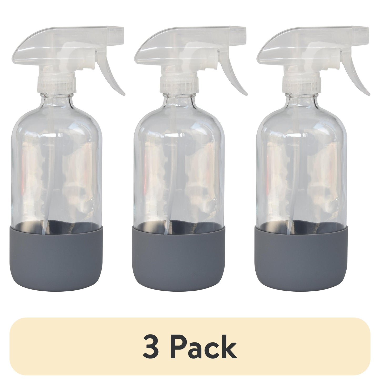 (3 Pack)  Clear Reuseable Glass Spray Bottle with Rubber Bottom, 16 Oz.