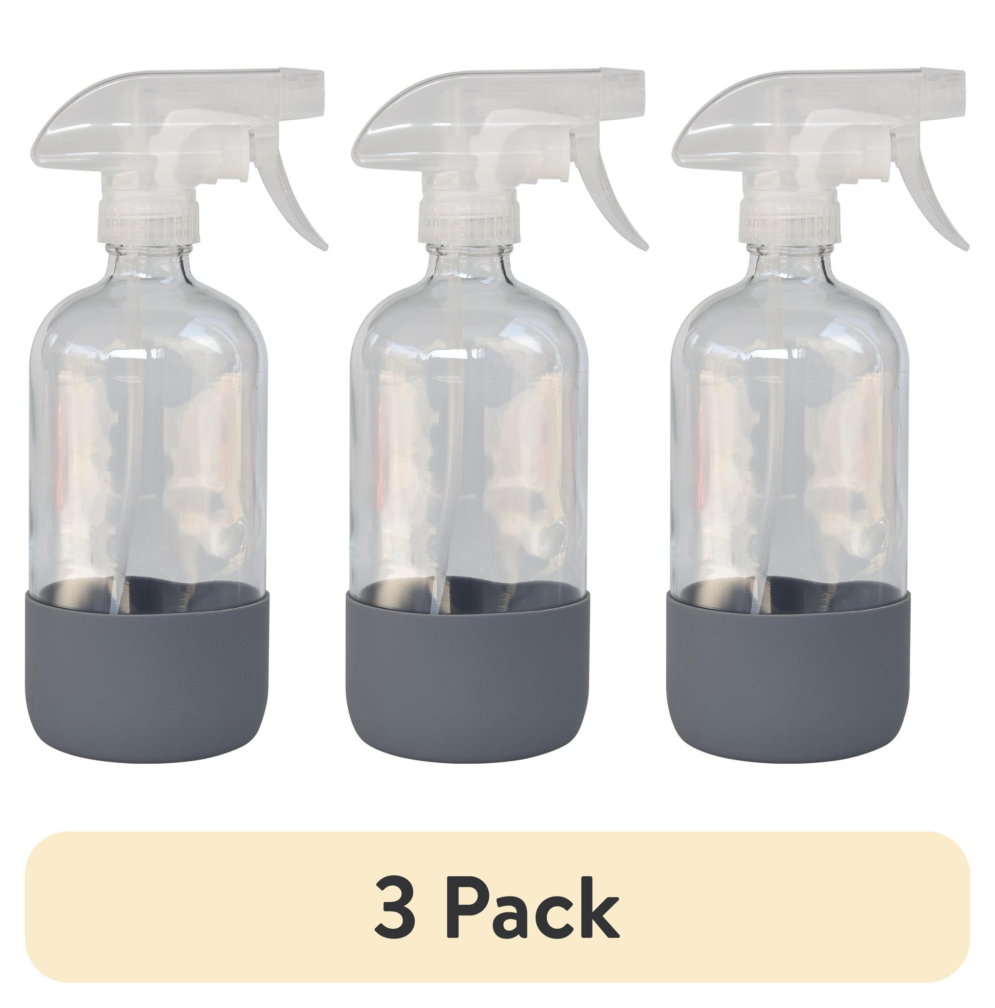 (3 Pack)  Clear Reuseable Glass Spray Bottle with Rubber Bottom, 16 Oz.