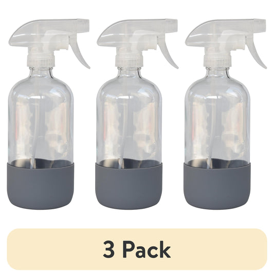 (3 Pack)  Clear Reuseable Glass Spray Bottle with Rubber Bottom, 16 Oz.