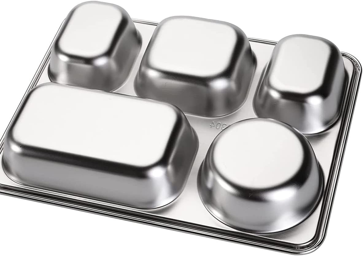 304 Stainless Steel Divided Plates with Lid for Adults Divided Dinner Tray 5 Sections Bento Lunch Box Divided Food Containers