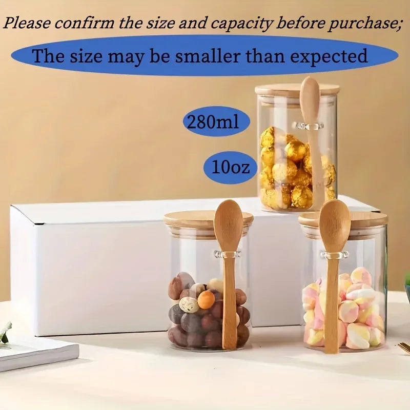 280Ml Airtight Glass Jars with Bamboo Lids and Spoons 18Oz Transparent Glass Bulk Food Storage Jar for Spices, Beans, Tea
