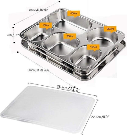304 Stainless Steel Divided Plates with Lid for Adults Divided Dinner Tray 5 Sections Bento Lunch Box Divided Food Containers