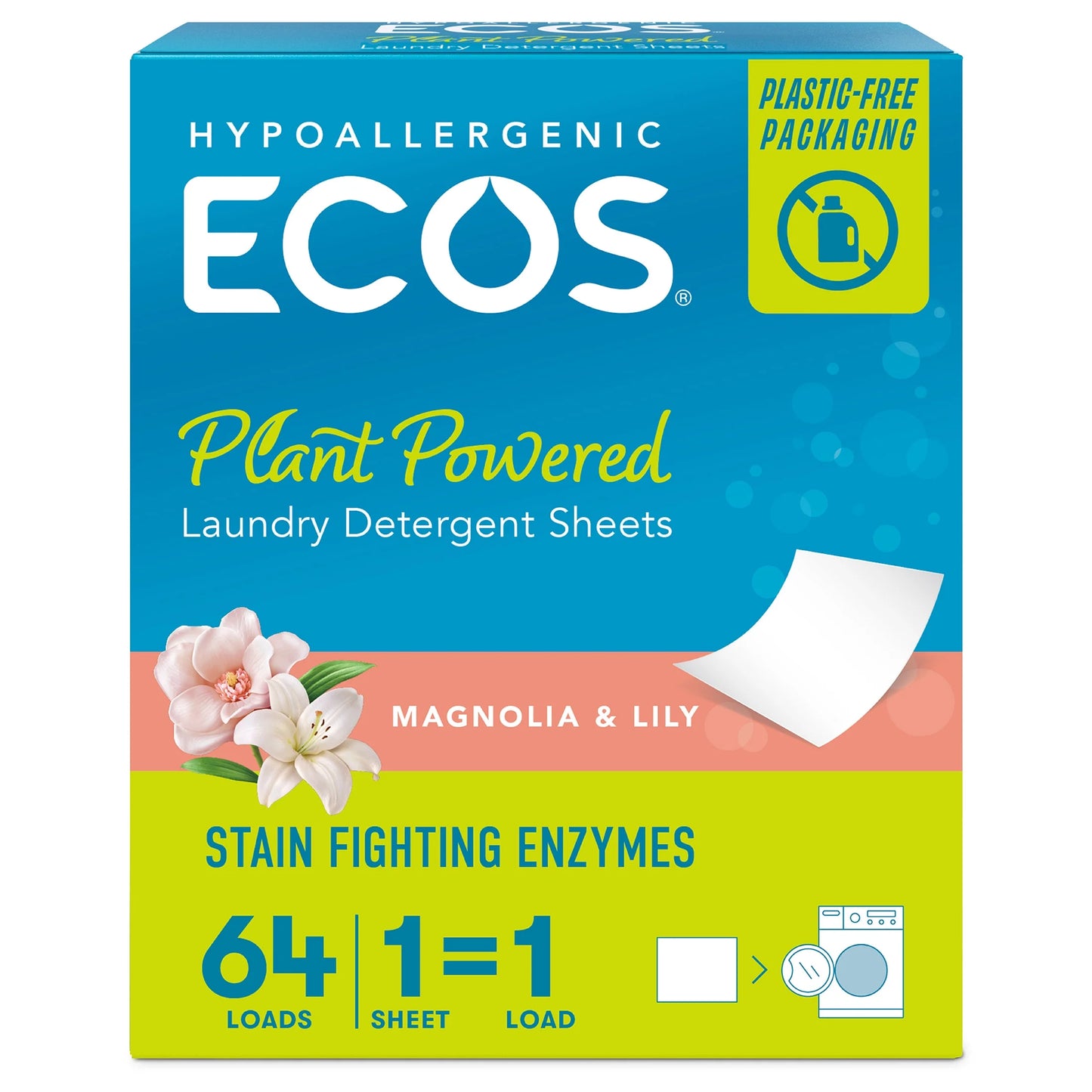 Hypoallergenic Laundry Detergent Sheets for Sensitive Skin, Magnolia & Lily, 64 Ct
