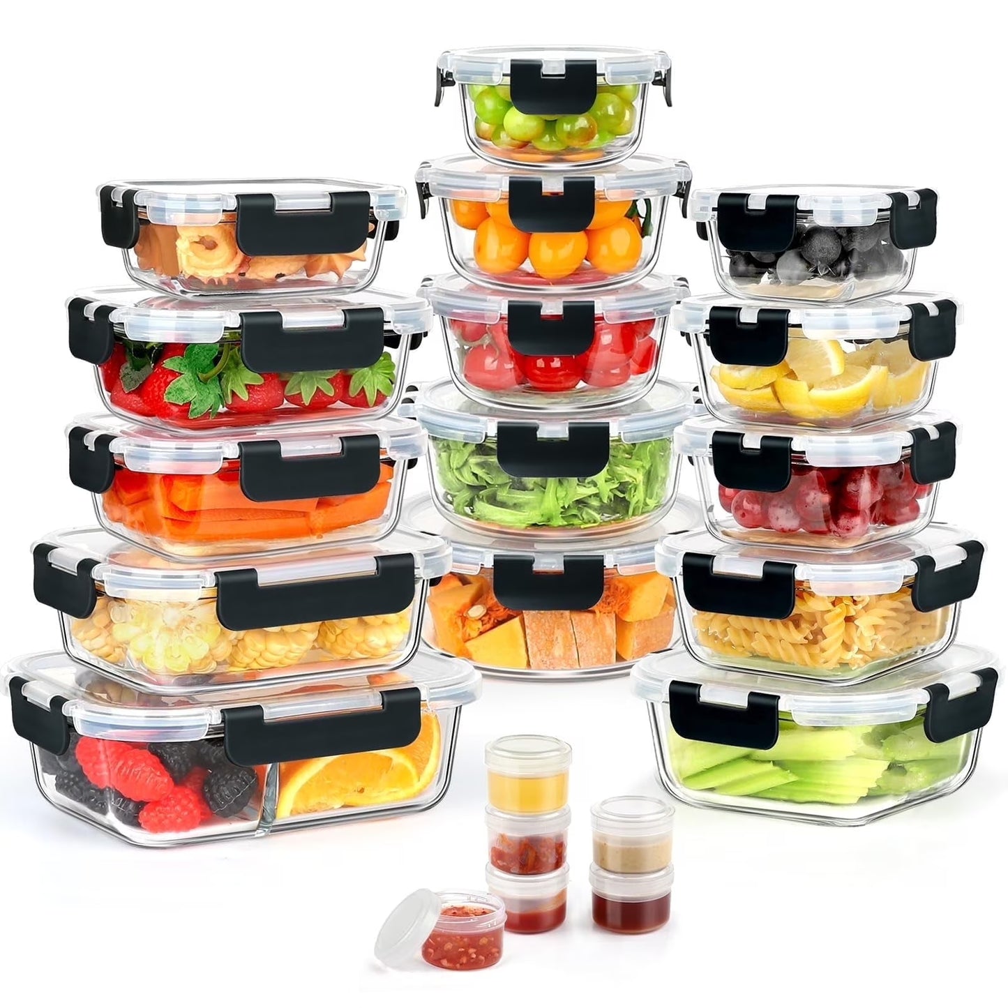 42 Pcs Glass Food Storage Containers Set with Snap Locking Lids, 21 Containers & 21 Lids, Glass Meal Prep Lunch Box Containers, Black