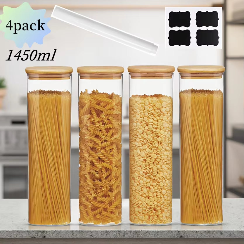 2/4 Pack-1450Ml Square Glass Jars, Glass Storage Containers with Lids, Wide-Mouth Pasta Jars, Kitchen Storage Jars, Storage for Pasta, Grains, Oats, Sugar, Cookies, Beans, Airtight Glass Jar Set, Kitchen Organization and Storage