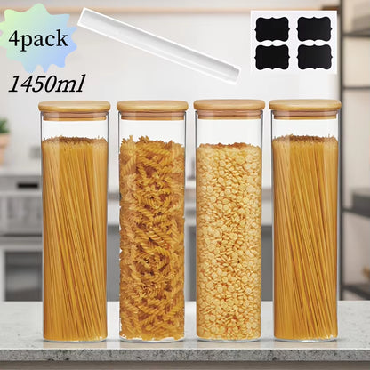 2/4 Pack-1450Ml Square Glass Jars, Glass Storage Containers with Lids, Wide-Mouth Pasta Jars, Kitchen Storage Jars, Storage for Pasta, Grains, Oats, Sugar, Cookies, Beans, Airtight Glass Jar Set, Kitchen Organization and Storage