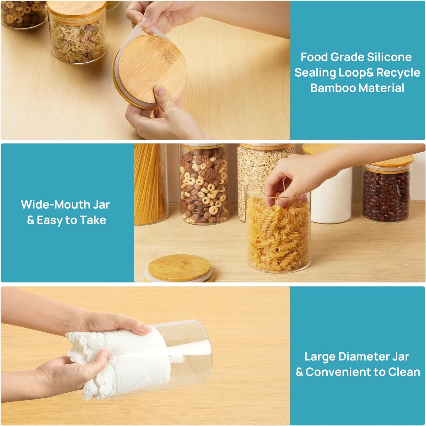 Glass Food Storage Jars, 7 Pack Kitchen Containers with Airtight Bamboo Wooden Lids for Pasta, Cookies, Nuts, Coffee Beans, Cereal, Canisters Set for Flour, Pantry Organization, BPA Free