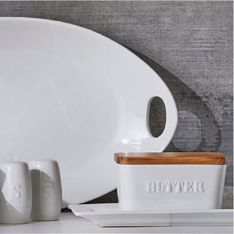- White and Acacia Wood Porcelain Embossed Butter Dish