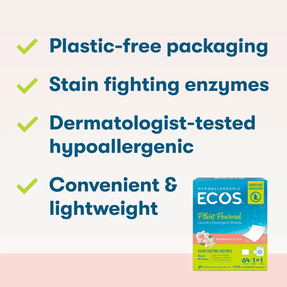 Hypoallergenic Laundry Detergent Sheets for Sensitive Skin, Magnolia & Lily, 64 Ct