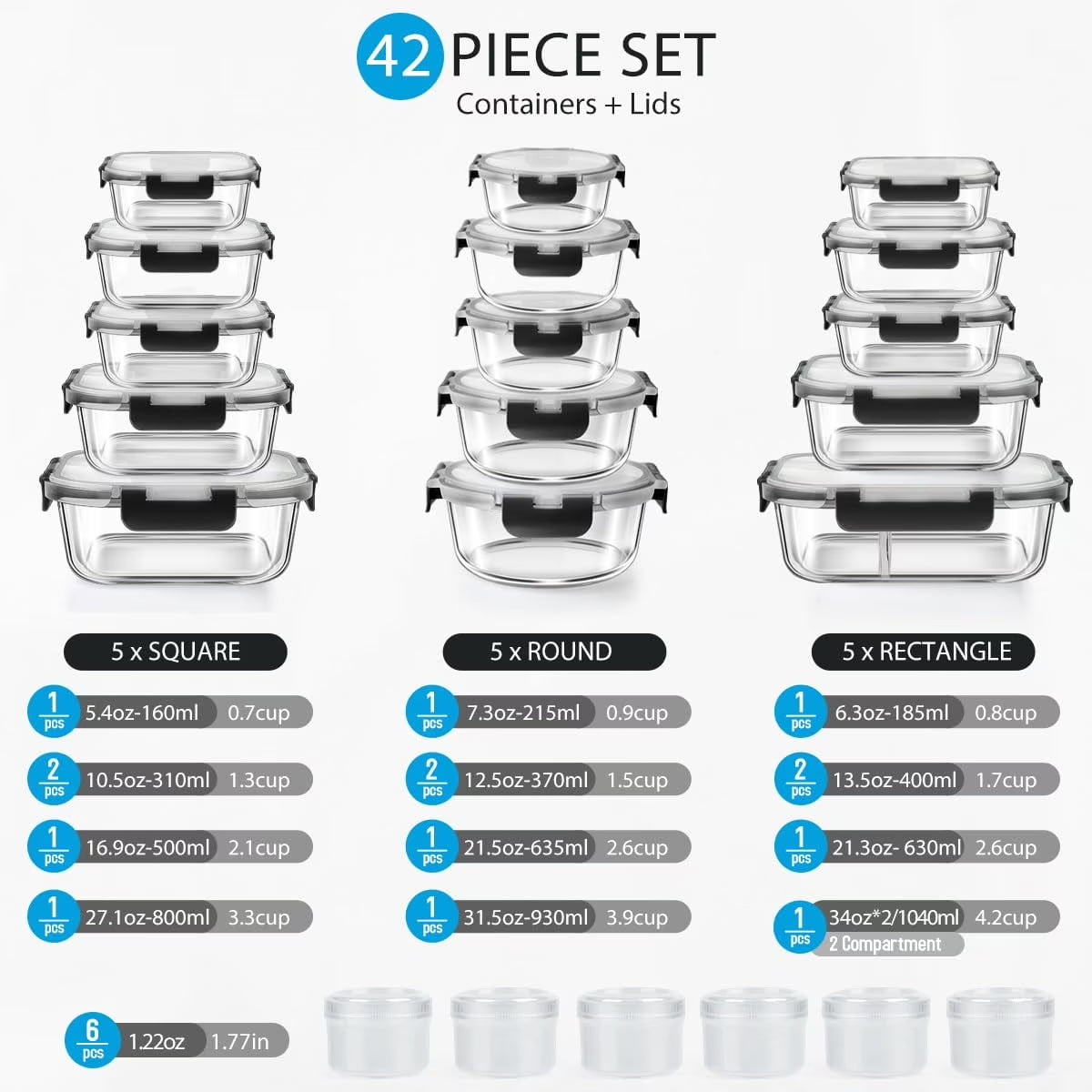 42 Pcs Glass Food Storage Containers Set with Snap Locking Lids, 21 Containers & 21 Lids, Glass Meal Prep Lunch Box Containers, Black