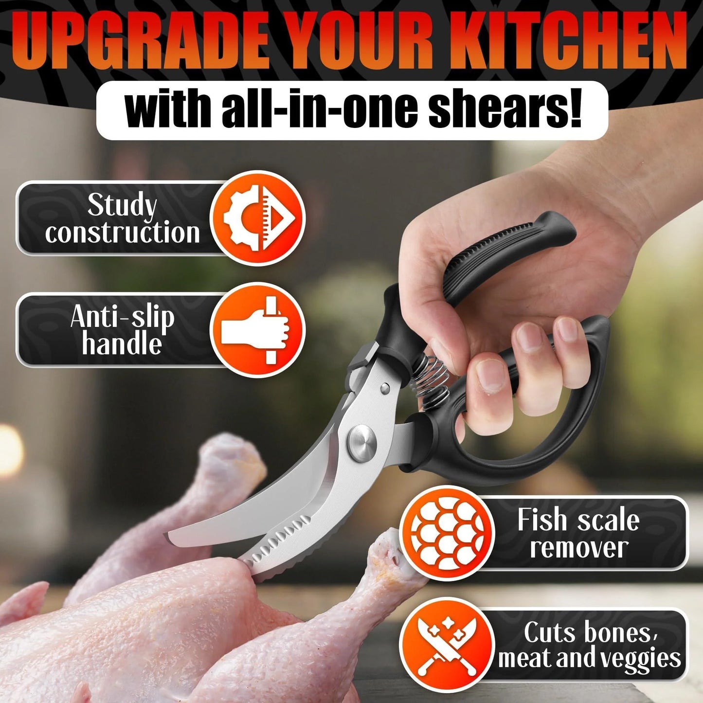 Heavy Duty Poultry Shears – Stainless Steel Meat Scissors Heavy Duty Ergonomic Kitchen Shears for Food Vegetables Seafood & Bones – High Wear Resistance & Thick Spring for Easy Cutting