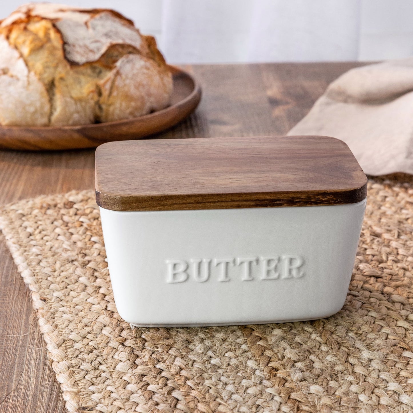 - White and Acacia Wood Porcelain Embossed Butter Dish