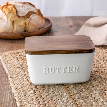 - White and Acacia Wood Porcelain Embossed Butter Dish