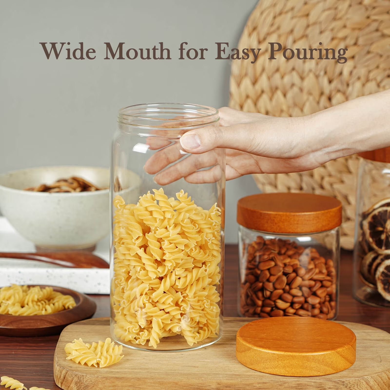 41 Oz Cookie Jar and Container with Wood Lids and Screw Feature,1400Ml Wide Mouth Pantry Kitchen Storage Jar