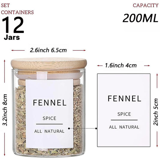 12Pcs Glass Spice Jars with Bamboo Airtight Lids 6.5Oz Small Food Storage Containers for Kitchen, Seasoning, Coffee, Herb