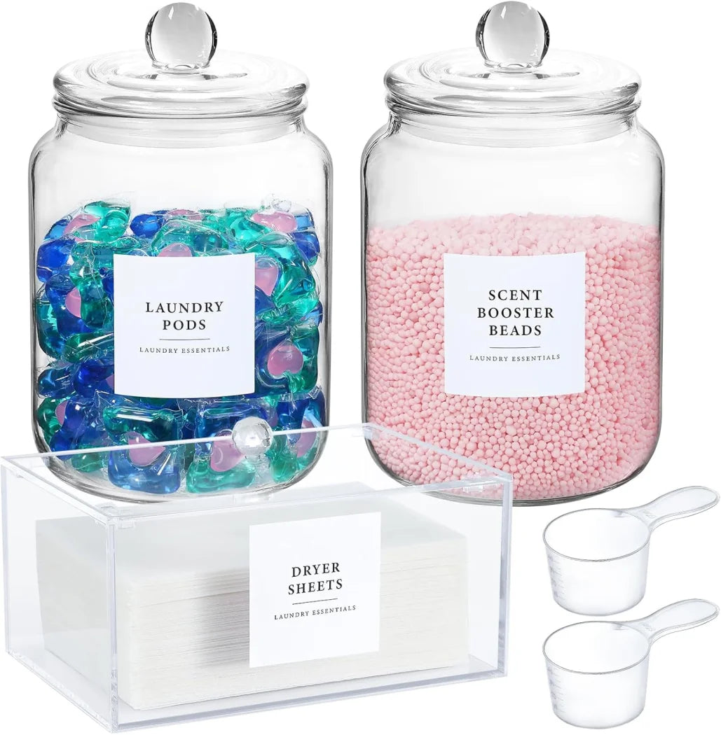 Glass Jars with Airtight Lids and Labels, Half Gallon Storage Containers with Spoons for Laundry Detergent, Pods, Scent Booster