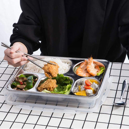304 Stainless Steel Divided Plates with Lid for Adults Divided Dinner Tray 5 Sections Bento Lunch Box Divided Food Containers