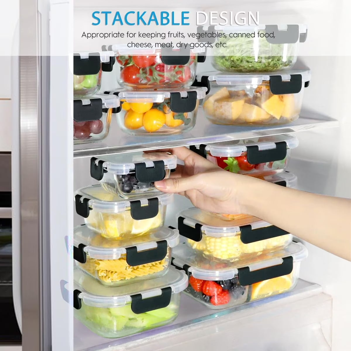 42 Pcs Glass Food Storage Containers Set with Snap Locking Lids, 21 Containers & 21 Lids, Glass Meal Prep Lunch Box Containers, Black