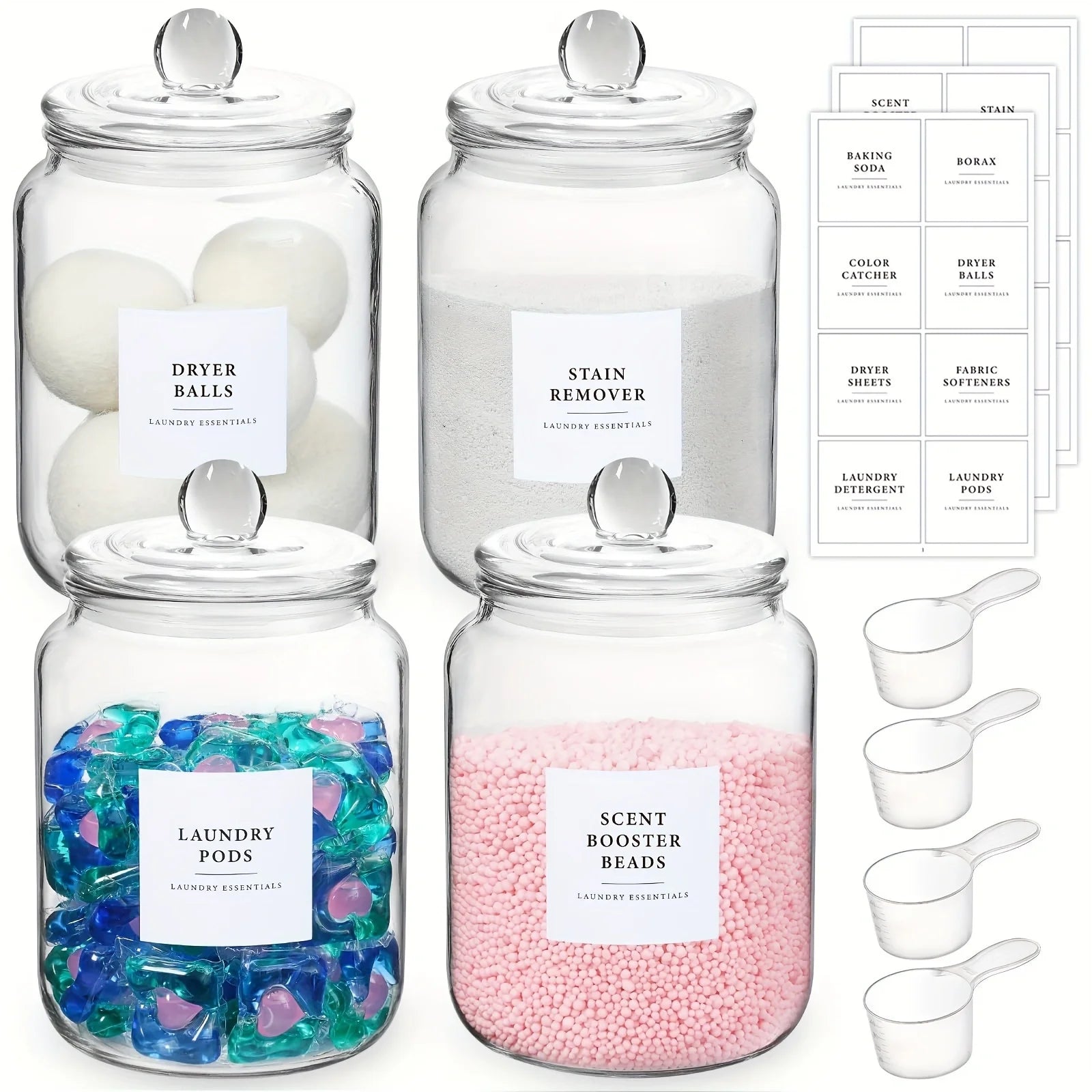 Glass Jars with Airtight Lids and Labels, Half Gallon Storage Containers with Spoons for Laundry Detergent, Pods, Scent Booster