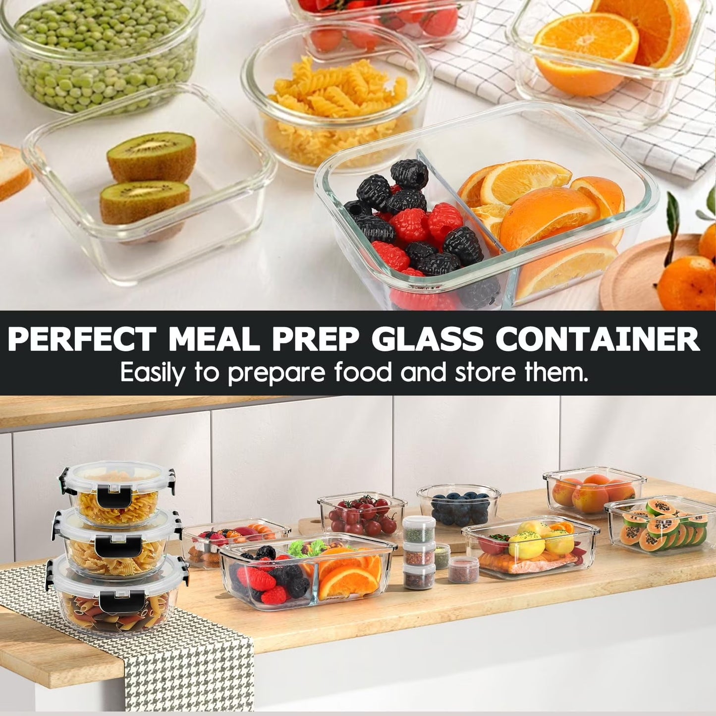 42 Pcs Glass Food Storage Containers Set with Snap Locking Lids, 21 Containers & 21 Lids, Glass Meal Prep Lunch Box Containers, Black