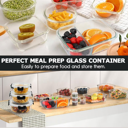 42 Pcs Glass Food Storage Containers Set with Snap Locking Lids, 21 Containers & 21 Lids, Glass Meal Prep Lunch Box Containers, Black
