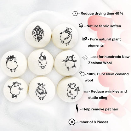 Wool Dryer Balls, 8 Pack, Organic Dryer Balls, 100% New Zealand Wool Handmade Chemical-Free Eco Dryer Balls - anti Static-