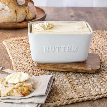 - White and Acacia Wood Porcelain Embossed Butter Dish