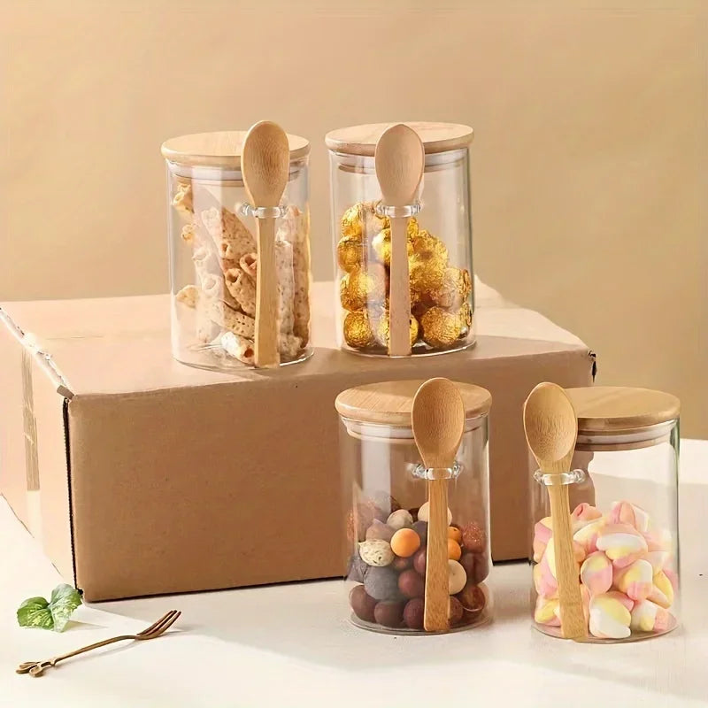 280Ml Airtight Glass Jars with Bamboo Lids and Spoons 18Oz Transparent Glass Bulk Food Storage Jar for Spices, Beans, Tea