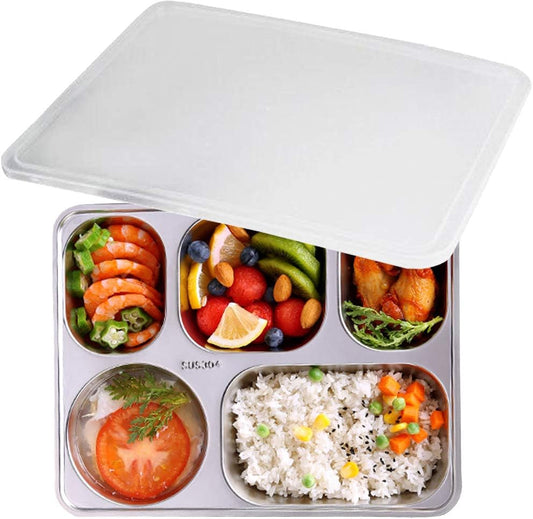 304 Stainless Steel Divided Plates with Lid for Adults Divided Dinner Tray 5 Sections Bento Lunch Box Divided Food Containers