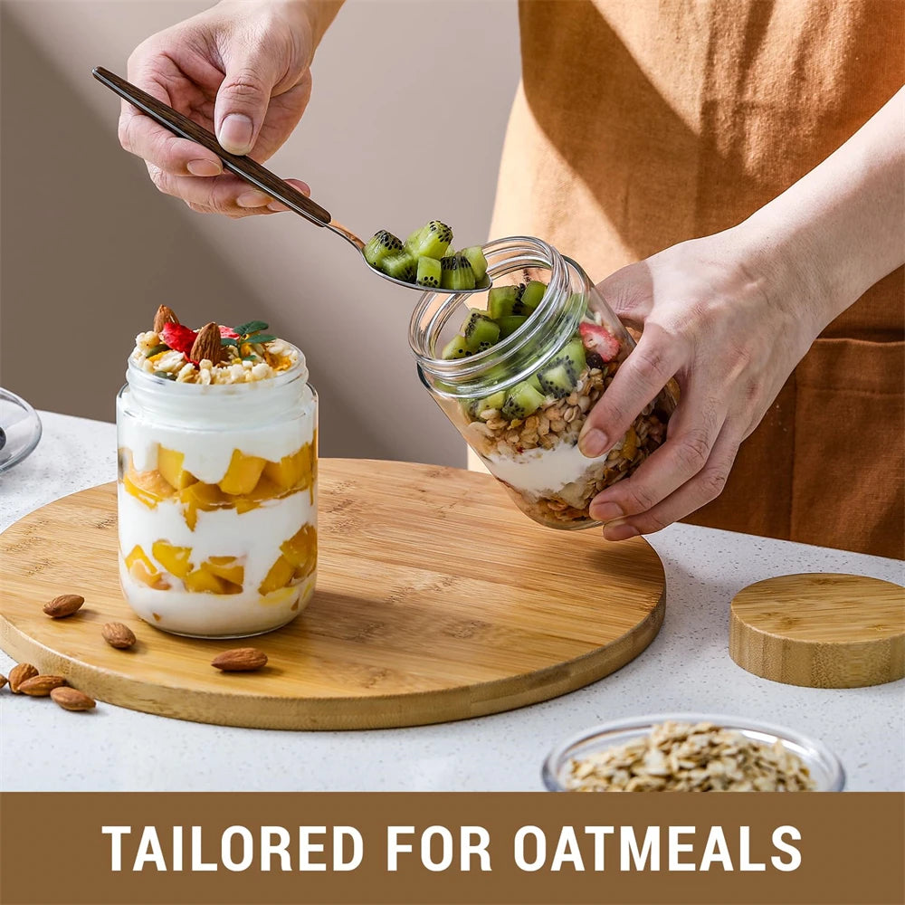 4Pack Glass Jars with Airtight Lid 16Oz over Night Oats Container with Bamboo Lids Glass Snack Storage Salad Jars ,Yogurt, Sugar