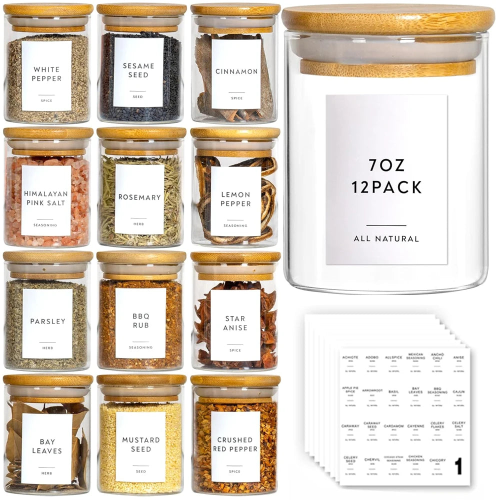 12Pcs Glass Spice Jars with Bamboo Airtight Lids 6.5Oz Small Food Storage Containers for Kitchen, Seasoning, Coffee, Herb