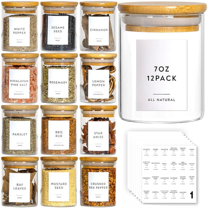 12Pcs Glass Spice Jars with Bamboo Airtight Lids 6.5Oz Small Food Storage Containers for Kitchen, Seasoning, Coffee, Herb