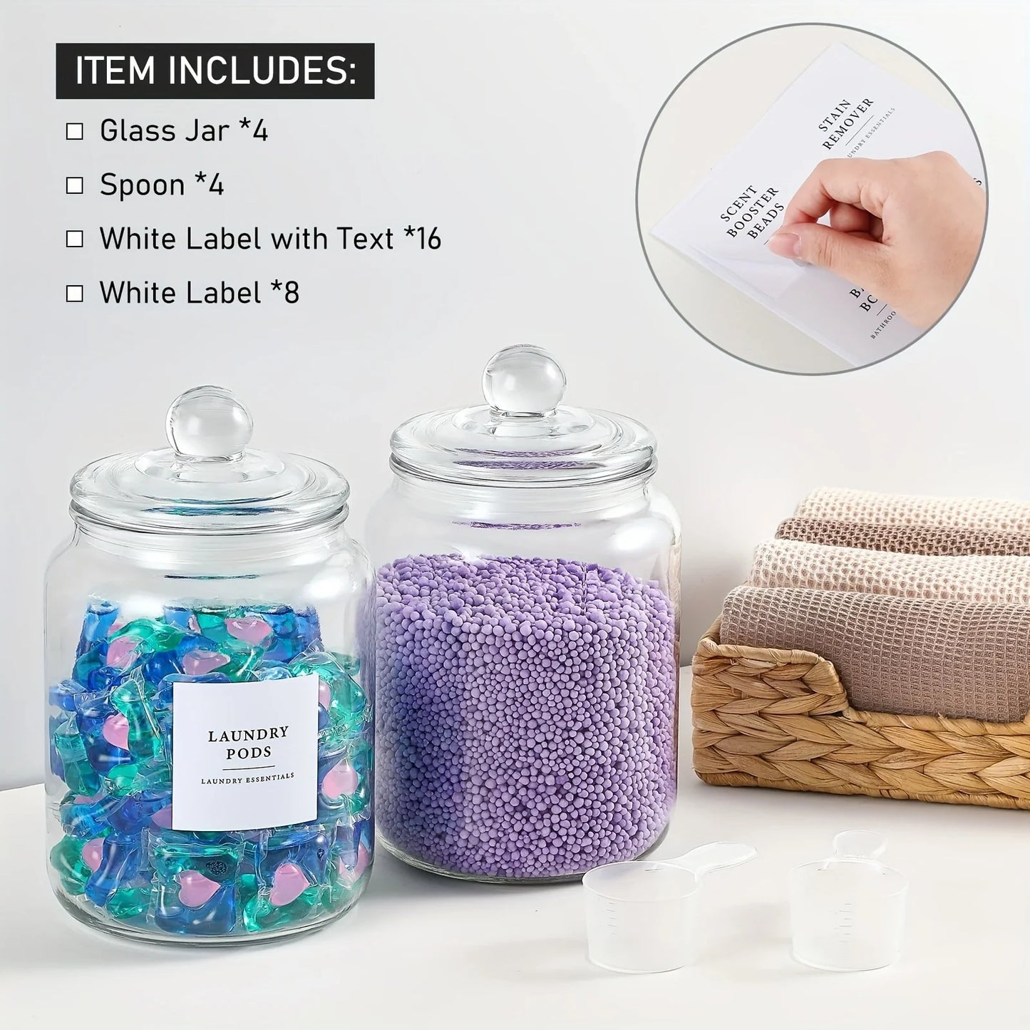 Glass Jars with Airtight Lids and Labels, Half Gallon Storage Containers with Spoons for Laundry Detergent, Pods, Scent Booster