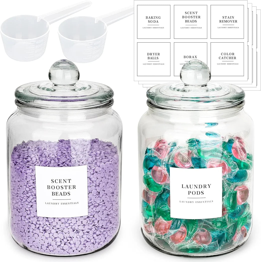 Glass Jars with Airtight Lids and Labels, Half Gallon Storage Containers with Spoons for Laundry Detergent, Pods, Scent Booster