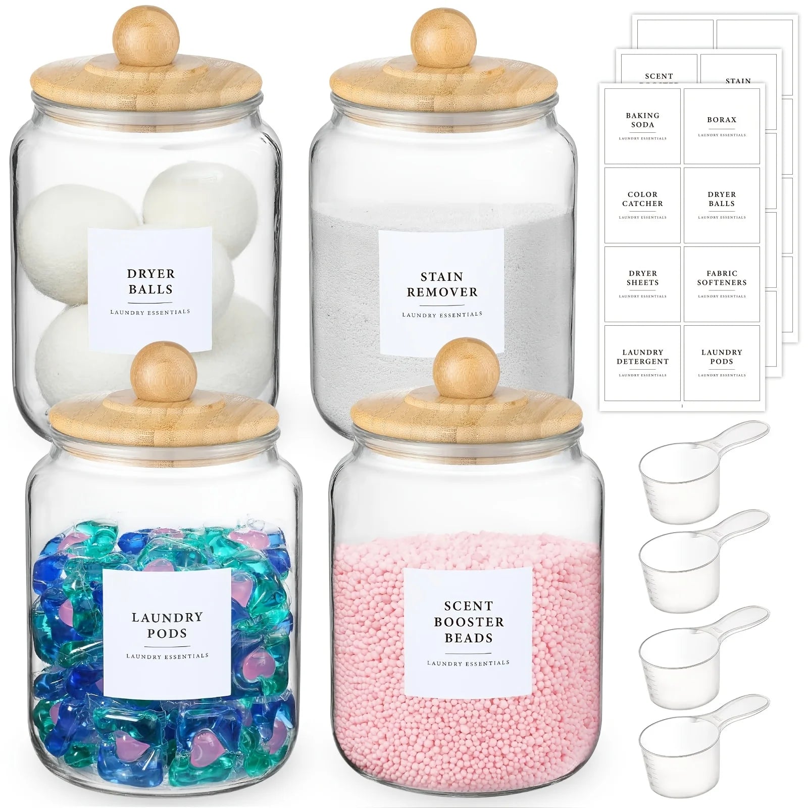 Glass Jars with Airtight Lids and Labels, Half Gallon Storage Containers with Spoons for Laundry Detergent, Pods, Scent Booster