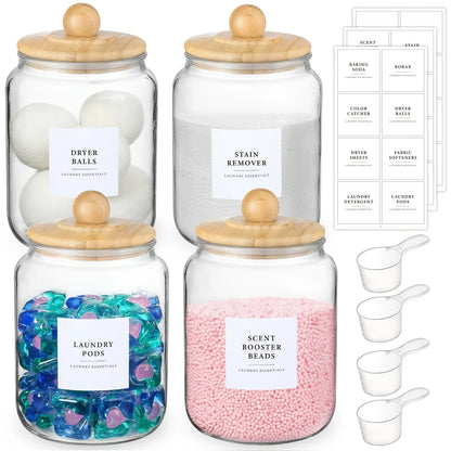 Glass Jars with Airtight Lids and Labels, Half Gallon Storage Containers with Spoons for Laundry Detergent, Pods, Scent Booster