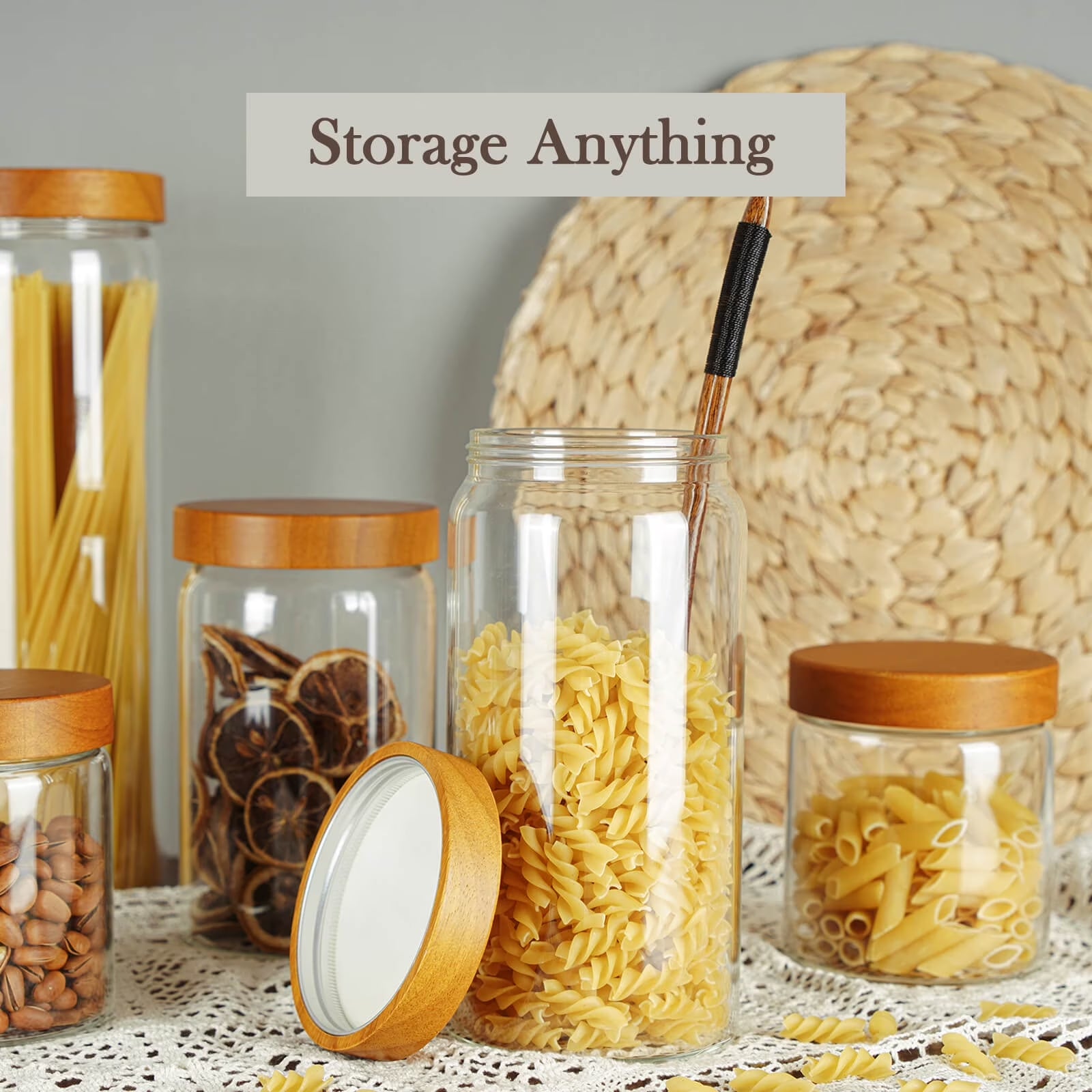 41 Oz Cookie Jar and Container with Wood Lids and Screw Feature,1400Ml Wide Mouth Pantry Kitchen Storage Jar