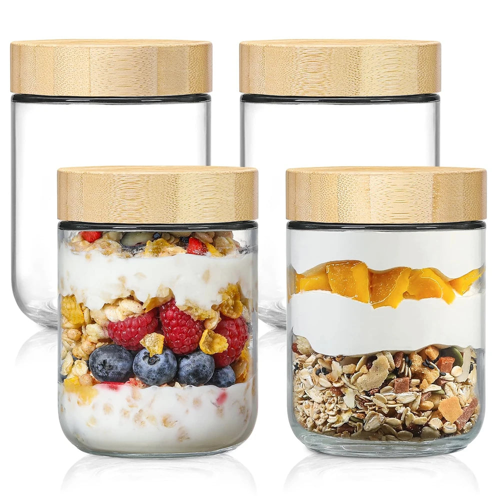 4Pack Glass Jars with Airtight Lid 16Oz over Night Oats Container with Bamboo Lids Glass Snack Storage Salad Jars ,Yogurt, Sugar