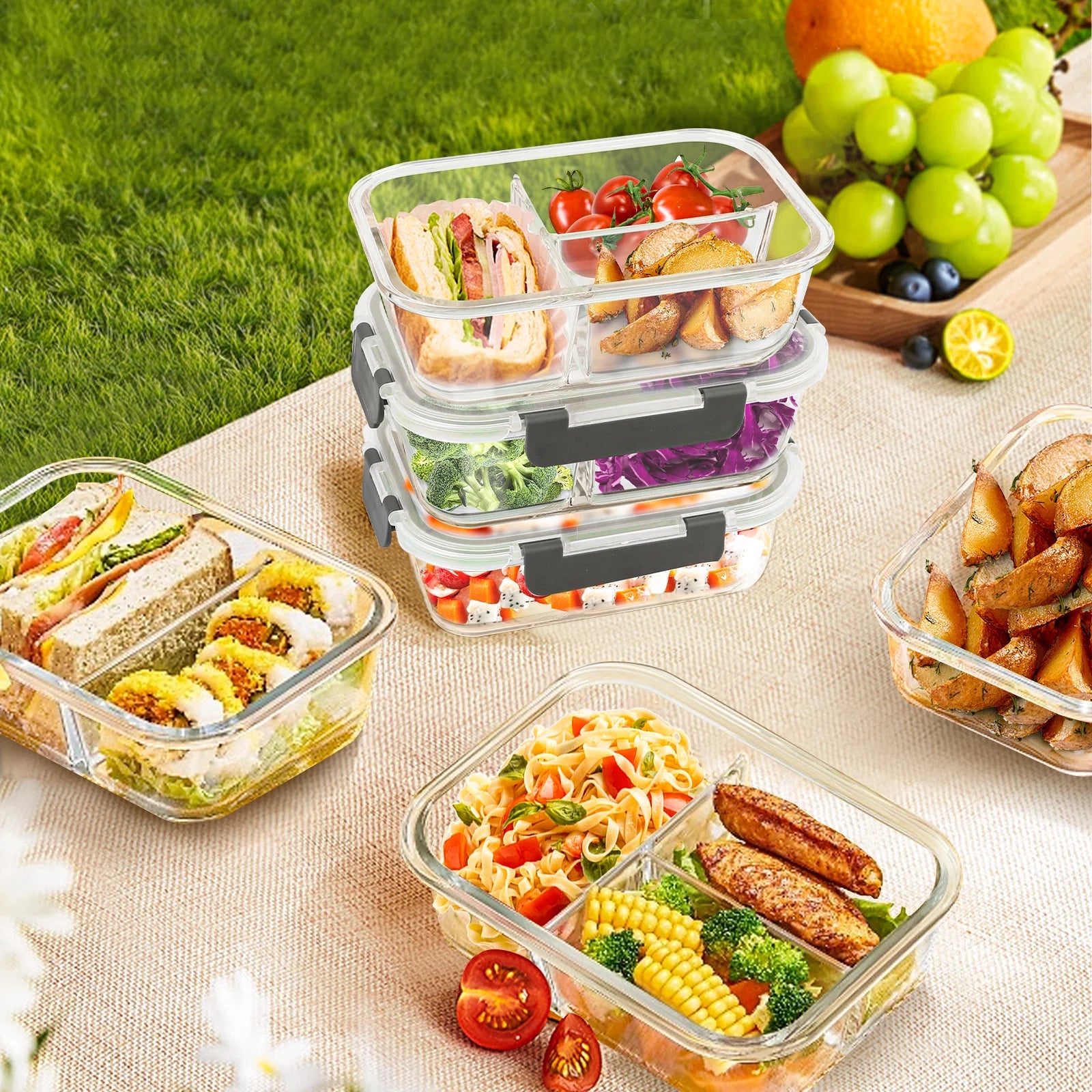 6 Pcs Glass Food Storage Containers with Lids, 1 & 2 & 3 Compartment Glass Airtight Meal Prep Containers (3 Containers & 3 Lids), Oven & Freezer Safe, Leak Proof - Grey
