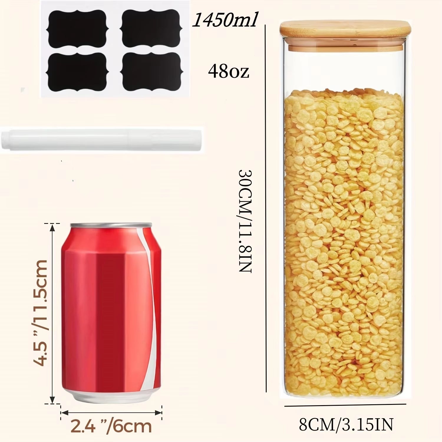 2/4 Pack-1450Ml Square Glass Jars, Glass Storage Containers with Lids, Wide-Mouth Pasta Jars, Kitchen Storage Jars, Storage for Pasta, Grains, Oats, Sugar, Cookies, Beans, Airtight Glass Jar Set, Kitchen Organization and Storage