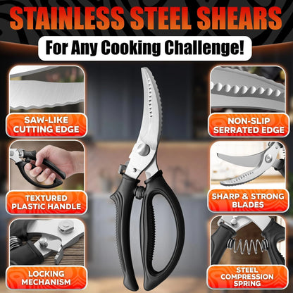 Heavy Duty Poultry Shears – Stainless Steel Meat Scissors Heavy Duty Ergonomic Kitchen Shears for Food Vegetables Seafood & Bones – High Wear Resistance & Thick Spring for Easy Cutting